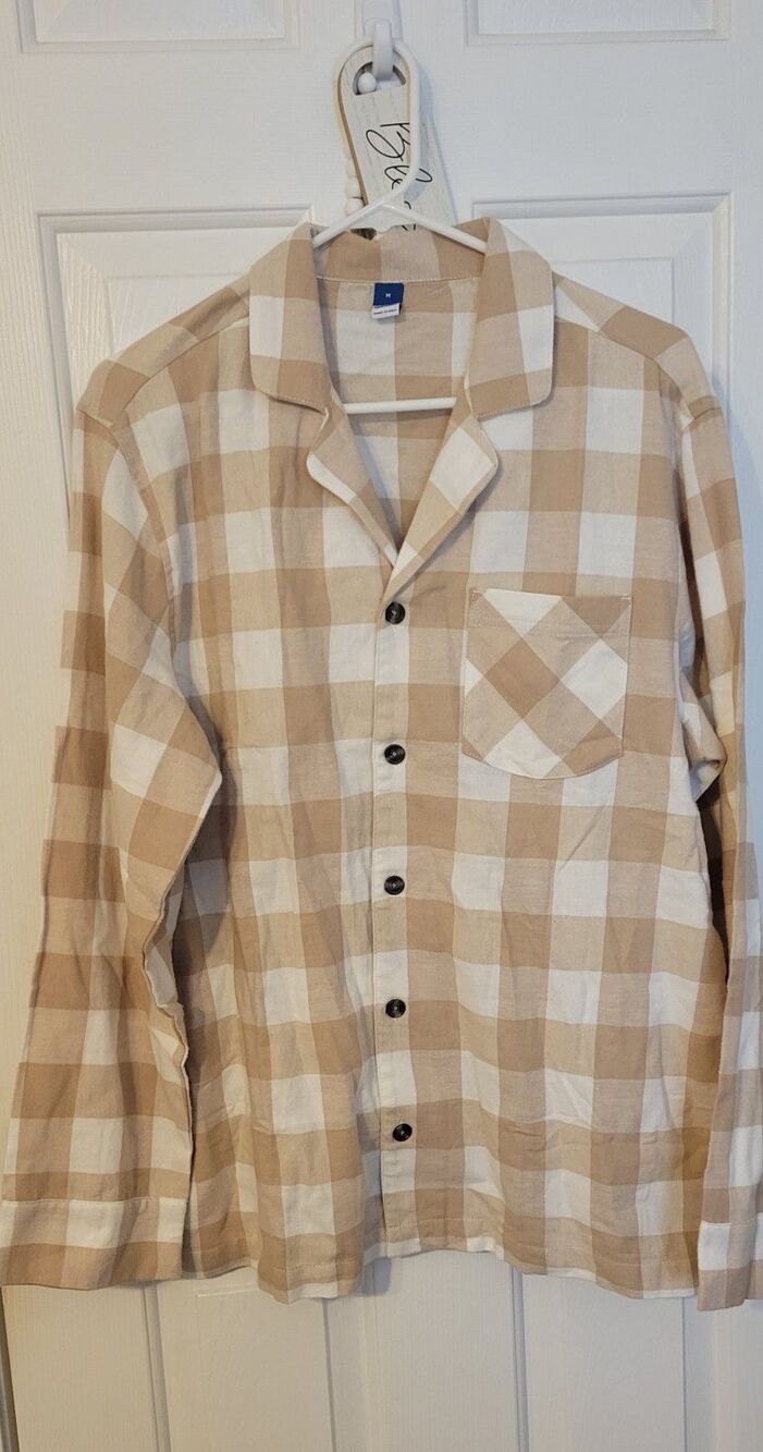 Old Navy Womens Flannel Plaid Pajama Top Button Front Collared Sz M Beige White